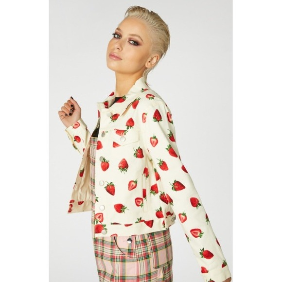 Dangerfield Dolls Kill Strawberry Drill Print Denim Jacket Trucker Coat sz 10 - Picture 9 of 11